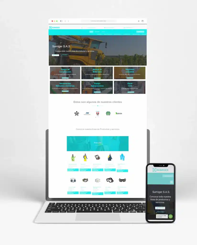 Página web de Sumiger S.A.S. mostrando diseño optimizado para dispositivos y servicios industriales.