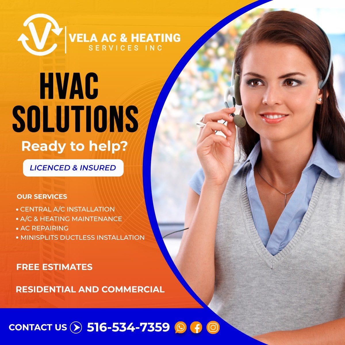 Publicación para redes sociales sobre servicios HVAC residenciales y comerciales de Vela AC & Heating diseñada por Gráfico Yus