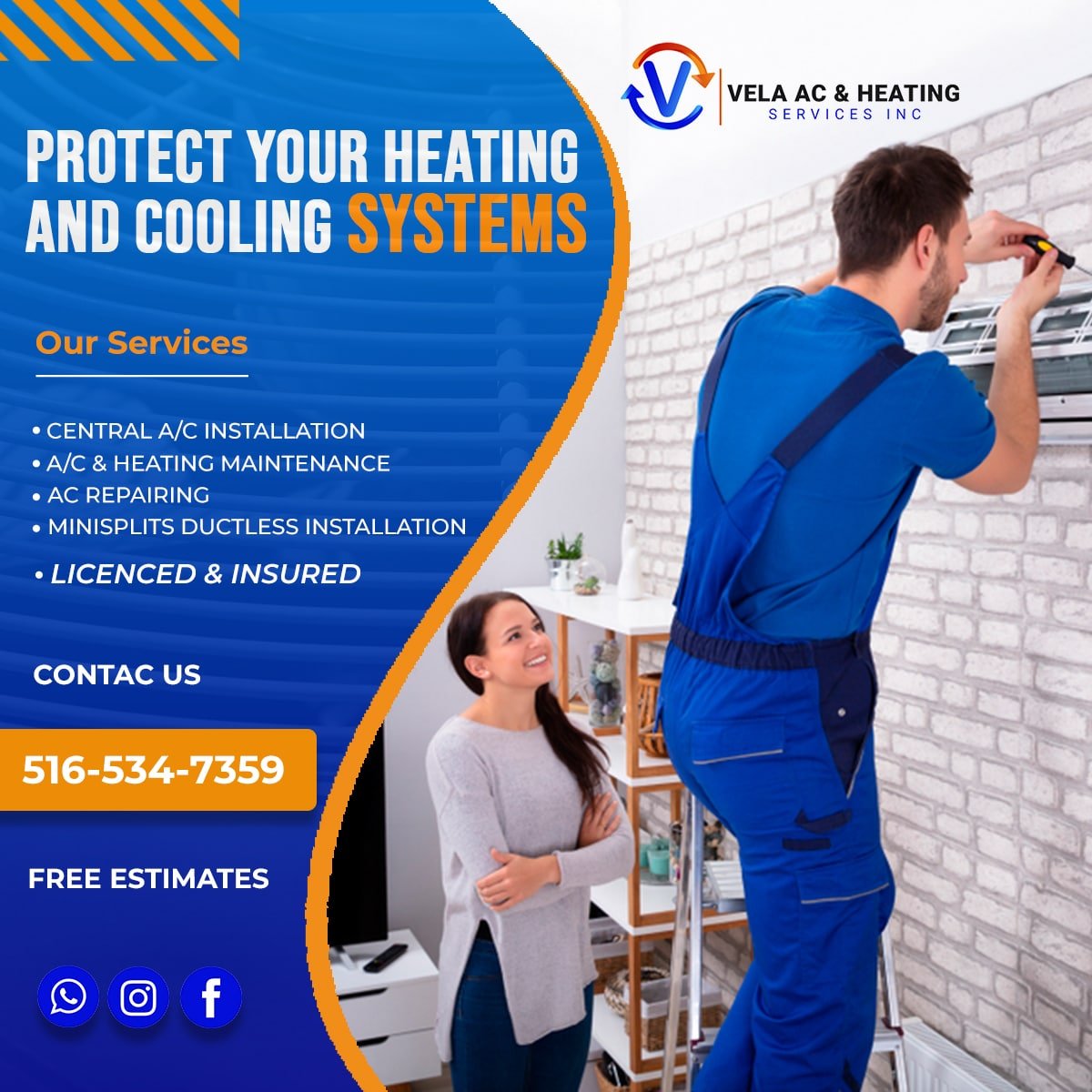 Publicación para redes sociales sobre mantenimiento de sistemas de calefacción y aire acondicionado de Vela AC & Heating diseñada por Gráfico Yus