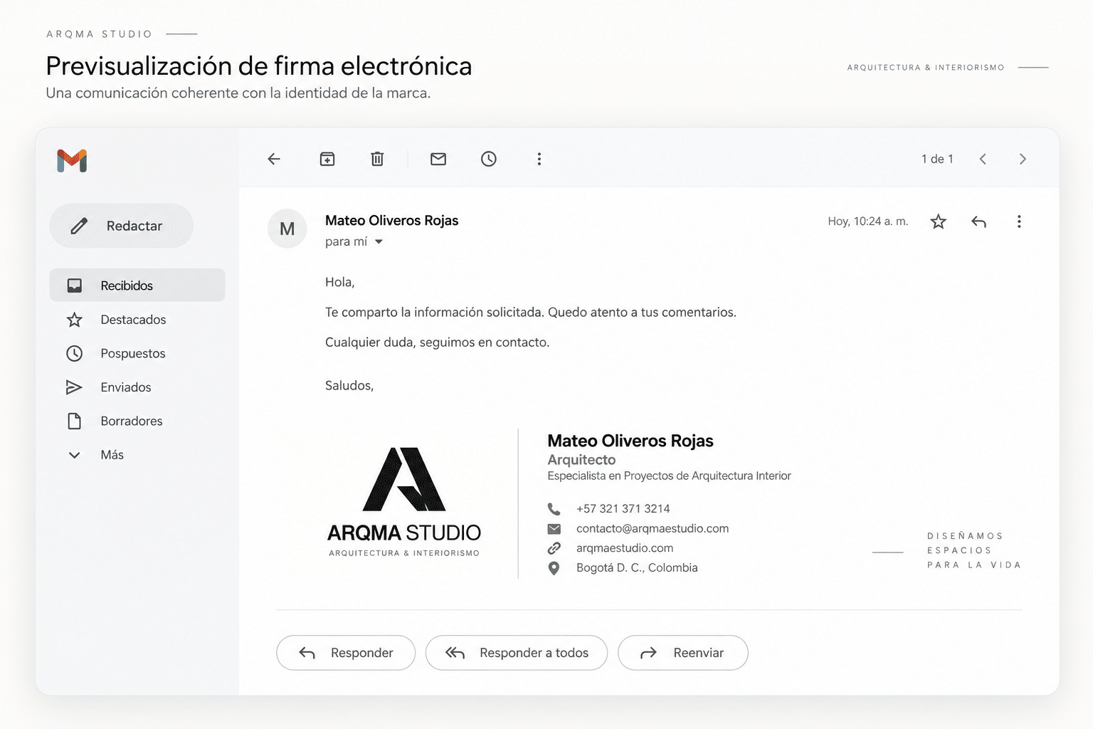 Firma electrónica de ARQMA STUDIO aplicada a la comunicación profesional por correo