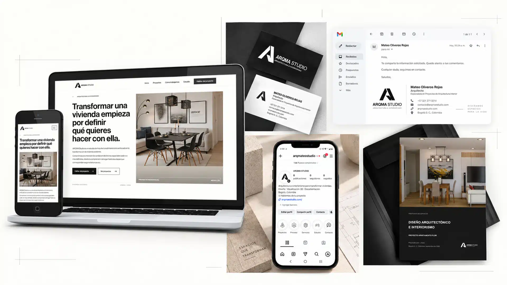 Collage del sistema de identidad visual y presencia digital de ARQMA STUDIO