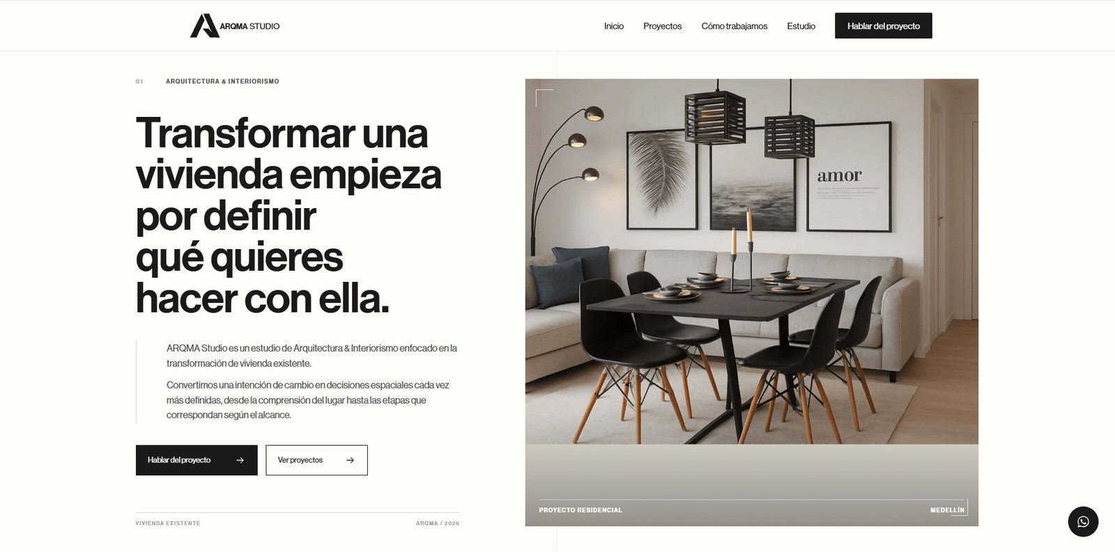 Vista de escritorio del sitio web de ARQMA STUDIO