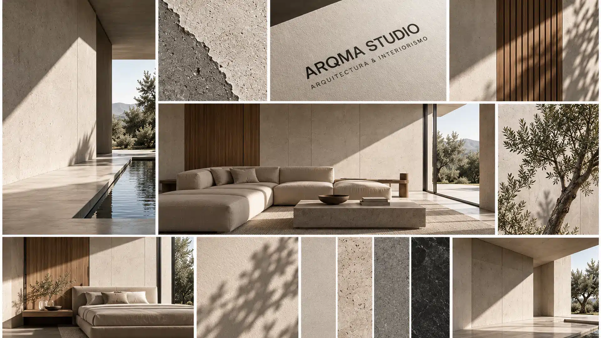 Construcción estratégica de la identidad de ARQMA STUDIO con boceto, isotipo final, geometría, paleta y proceso de marca
